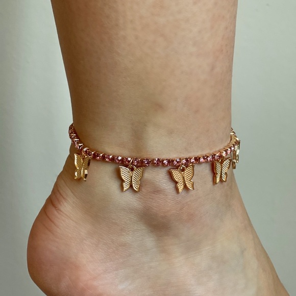 None Jewelry - Y2K Butterfly Anklet Gold/Pink Chain Cute Summer Beach Jewelry